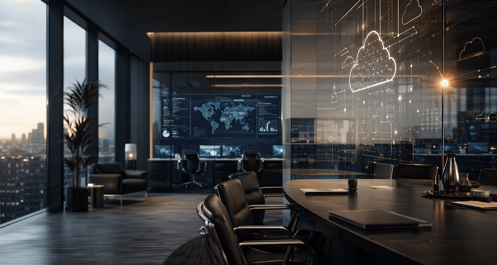 Executive technology consulting environment with secure operations and cloud strategy visuals